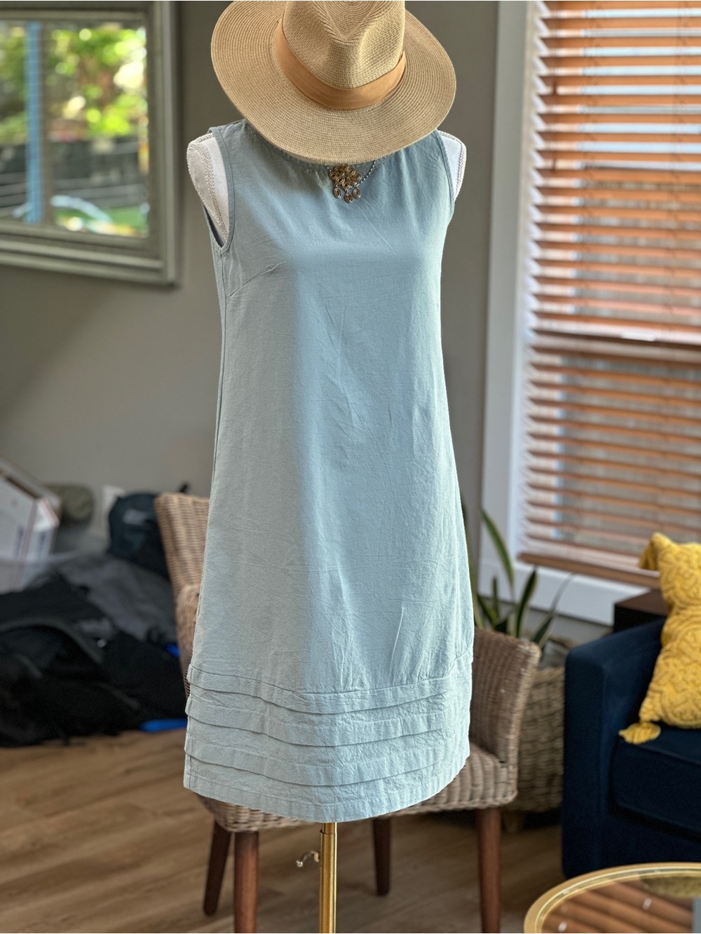 Cotton Sleeveless Light sage green Shift Dress with bottom Pintuck detail